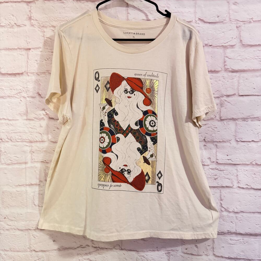Lucky Brand Queen of Cocktails off white and Queen playing card graphic sz XL